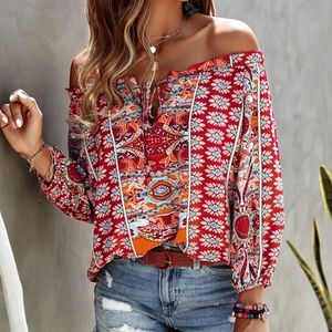Boho Red  Floral Print Off Shoulder Blouse